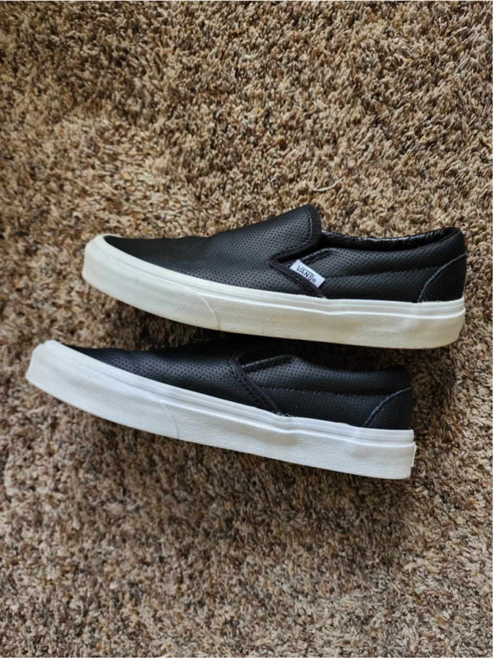 Vans Asher Perforated Leather Slip On‎ Black White Womens 7.5 EUC